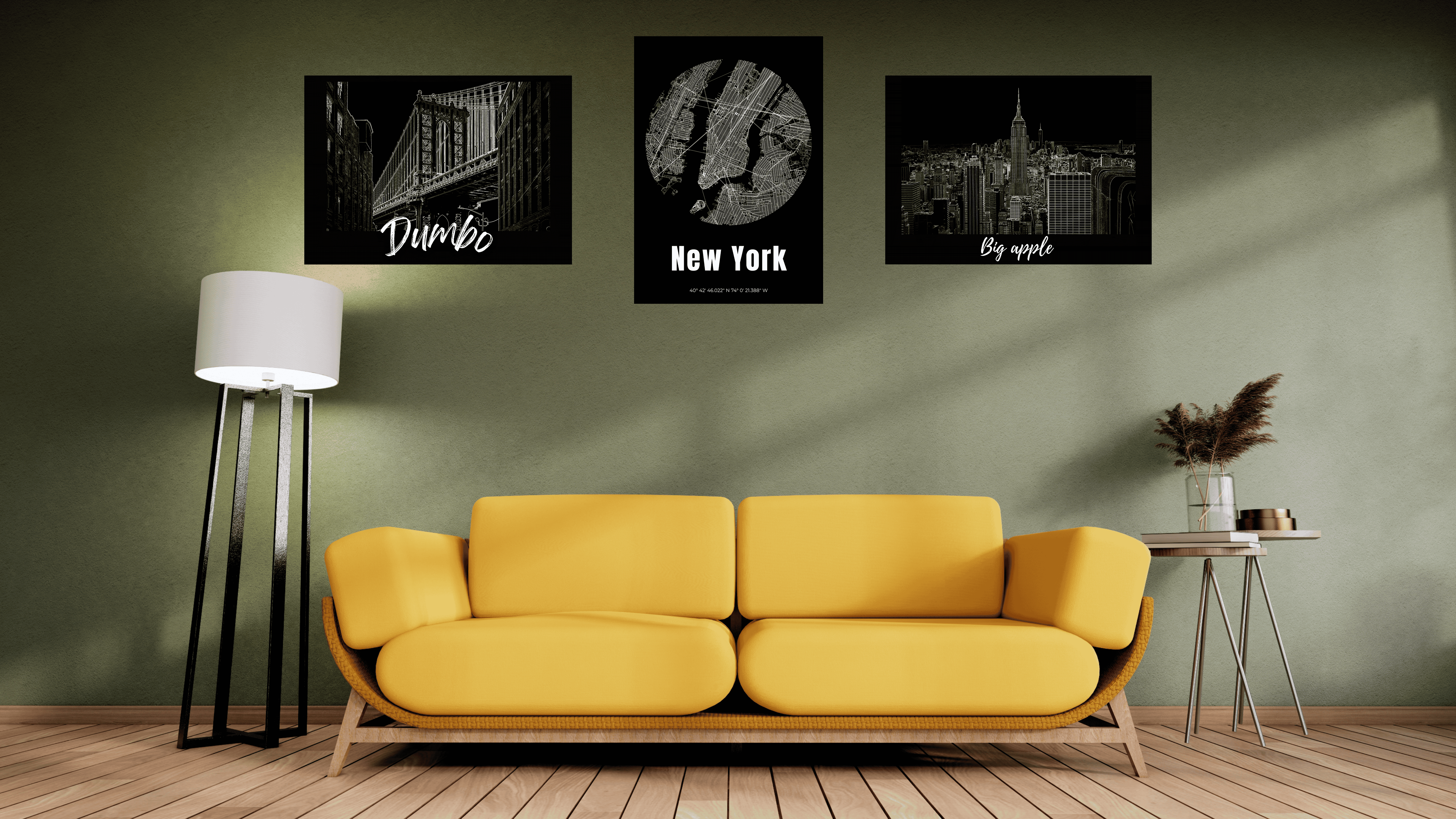 Affiche NY - Salon cosy sofa jaune - Create To Inspire Wall Art Print