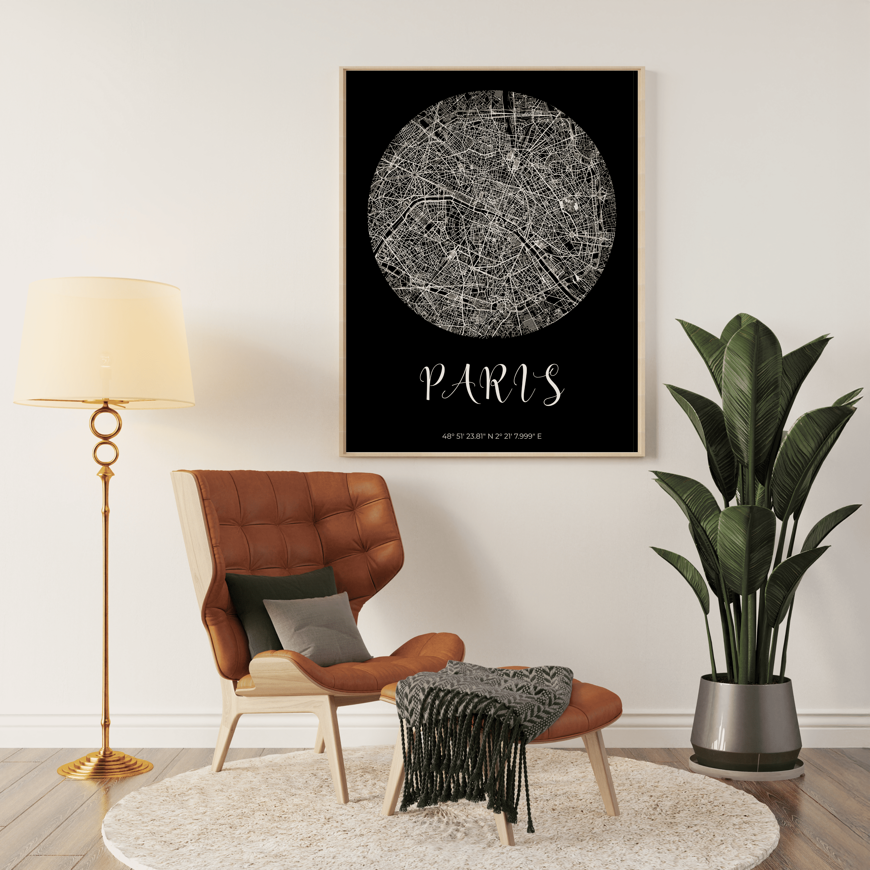Affiche Map Paris - Salon cosy sofa orange brown - Create To Inspire Wall Art Print